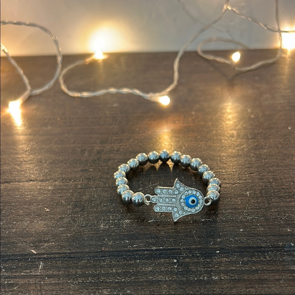 Silver Beaded Bracelet with Hamsa Charm
